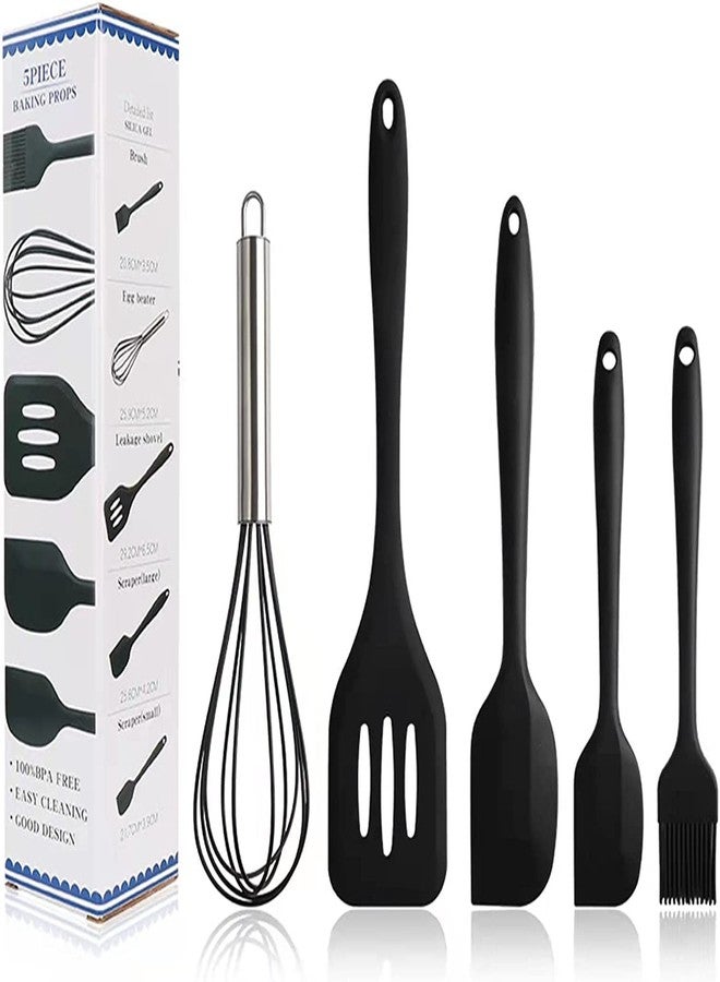 TASKHOUSE Silicone Cooking & Baking Utensil Set 5 Piece Non-Stick Mixing Spatulas, Pastry Brush, Egg Beater, Slotted Turner, Basting Brush - Black - Image 1